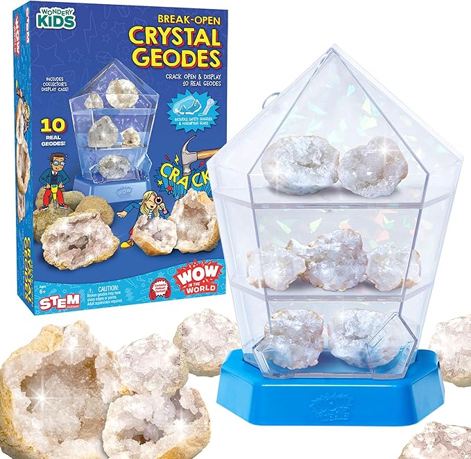 Wow in The World – 10 Real Break-Open Crystal Geodes with Display Case – Bonus Goggles & Magnifying Glass, Companion Audio Content, STEM Toy for Boys & Girls 6+ by Thames & Kosmos
