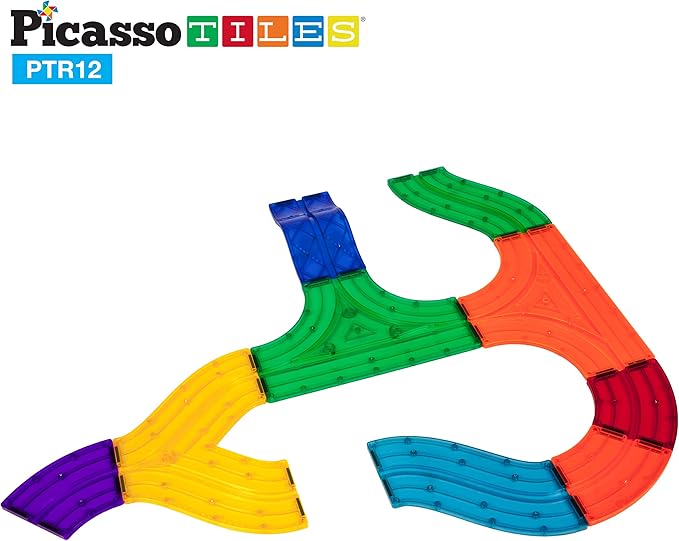 PicassoTiles 12 Piece Race Track Add-On Magnetic Building Block Set Magnet Tiles Construction Toy STEM Learning Kit Early Education Kids Toys Playset Pretend Play Blocks Child Brain Development PTR12