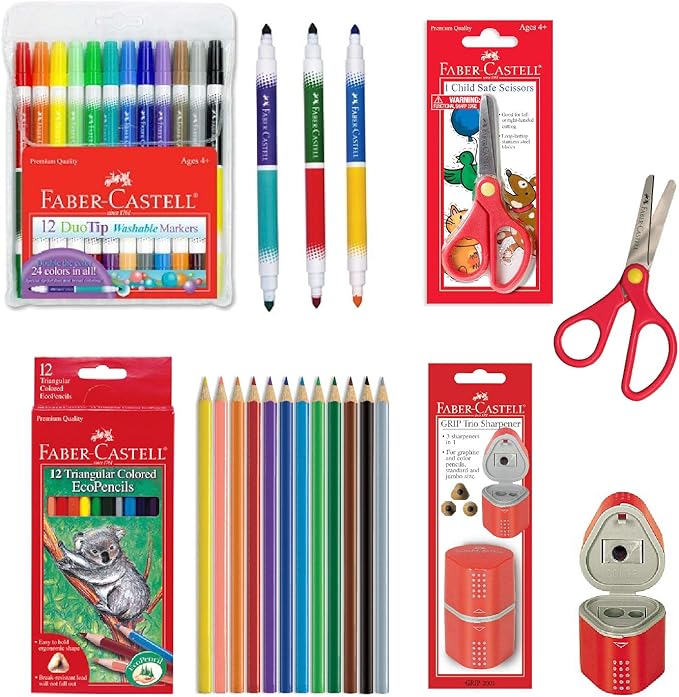 Faber-Castell Back to School Supplies Set - 12 DuoTip Markers, 12 Colored Ecopencils, Child Safe Scissors & Grip Trio Sharpener (Sharpener Color May Vary - Red/Blue)