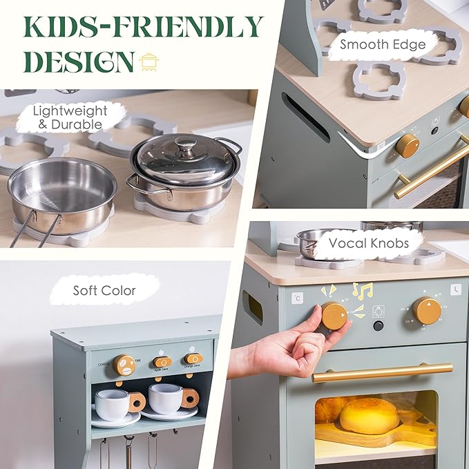 ROBOTIME Play Kitchen for Kids Toddlers, Wooden Pretend Play Kitchen Set Toy with with Fridge, Ice Maker, Coffee Maker, Toys Kitchen Gift for 3+ Year Old Kids, Girls & Boys