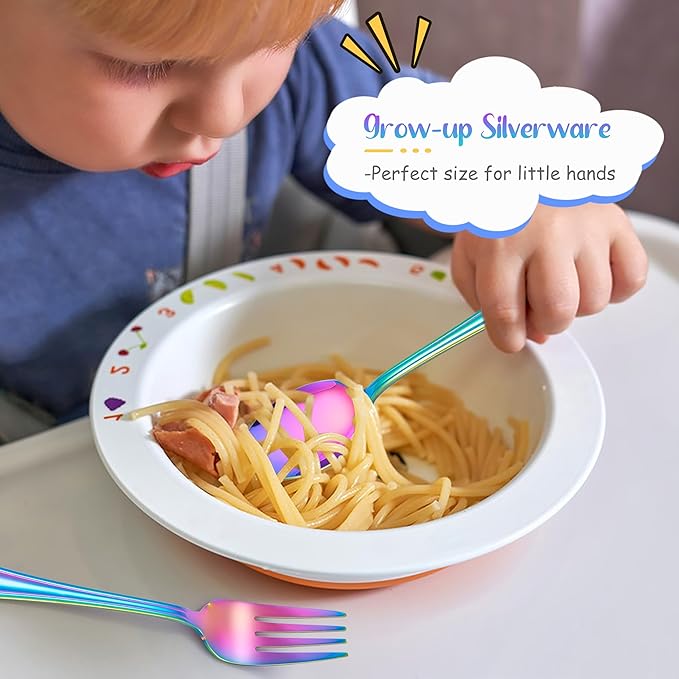 E-far 6-Piece Kids Silverware, Stainless Steel Toddler Utensils Safe for Preschooler/Children, Includes 2 Forks 2 Spoons 2 Knife, Slimline Adult Look & Small Size, Rust Free & Dishwasher Safe-Rainbow