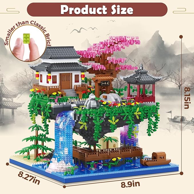 Peach Blossom Pond Micro Building Blocks Set Toys for Kids and Adults, Mini Cherry Bonsai Tree House with LED String Lights DIY Japanese Sakura Street Model Chinese Bricks Architecture Kit Teens Gift
