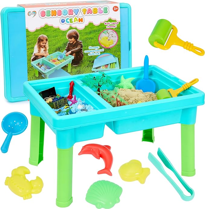 Ocean Sensory Table with Sensory Sands,Ocean Sensory Bin with Lid,Ocean Toy for Kids,Indoor Outdoor Use,Sand Art kit for Boys and Girl,Sensory Toys for Toddlers Age 3-5, 17x11.5x10.2 inches