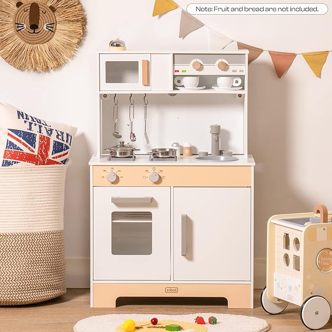 ROBUD Montessori Wooden Play Kitchen, Kids Kitchen Playset with Customisable Themes, Pretend Toddlers Kitchen Toy with DIY Creative Chalkboard, Gift for Ages 3 4 5 6 7 8