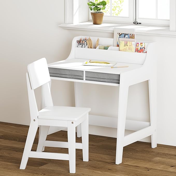 UTEX Kids Desk and Chair Set, Study Desk for Kids with Storage Bins, Wooden Children Study Table, Student Writing Desk for Bedroom & Study Room