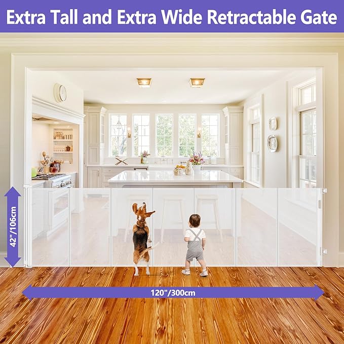 Newly Enhanced - 42" Tall × 120" Extra Wide Retractable Baby Gate Keeps Pets from Getting Under Tall Dog Gate, Indoor/Outdoor Tall Baby Gates for Dogs, Retractable Dog Gate for Large Openings, White