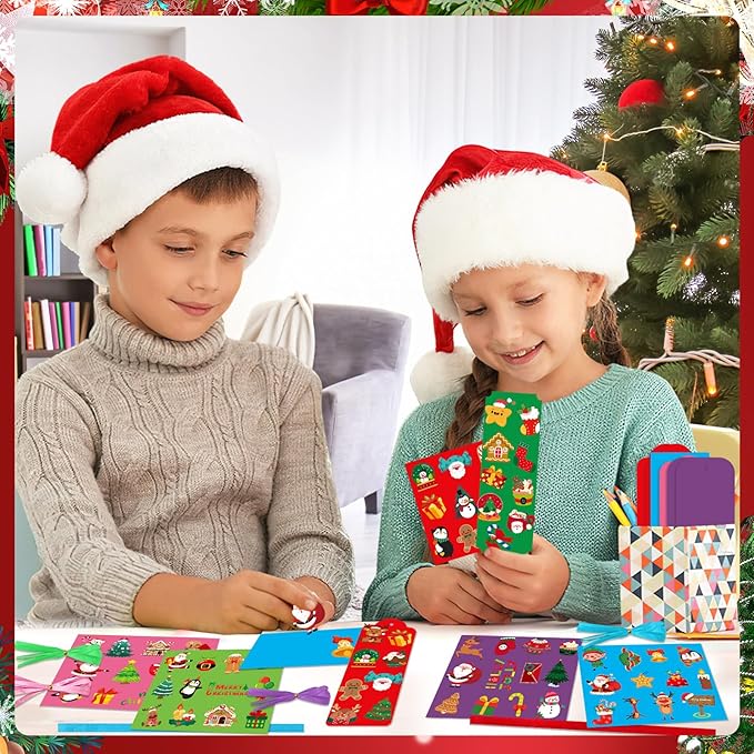 JUNEBRUSHS 30 Sets Christmas Craft Kits, DIY Christmas Bookmarks Craft with Assorted Snowman Santa Gingerbread Stickers Christmas Ornament Crafts Classroom Activities Party Favors