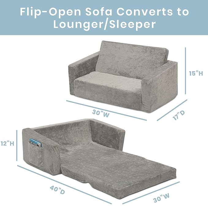 Serta Perfect Sleeper Extra Wide Convertible Sofa to Lounger - Comfy 2-in-1 Flip Open Couch/Sleeper for Kids, Grey