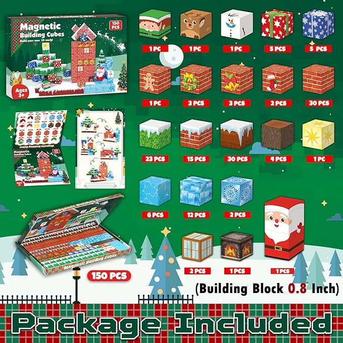 Christmas Magnetic Blocks - 150PCS Magnetic Building Blocks Magnetic Cubes Stacking, STEM Montessori Sensory Toys for Kids Boys Girls Ages 3-5 6-8 Christmas Holiday Easter Birthday Gifts