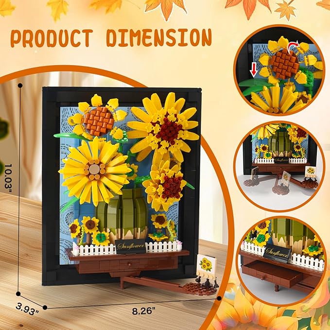 Topdear 3D Sunflower Building Block Sets with Frame, Sunflower Flower Bouquet Building Set for Kids Age 6+, Adult, Creative Framed 3D Sunflowers Building Kit Gift for Mother's Day, Birthday, Christmas