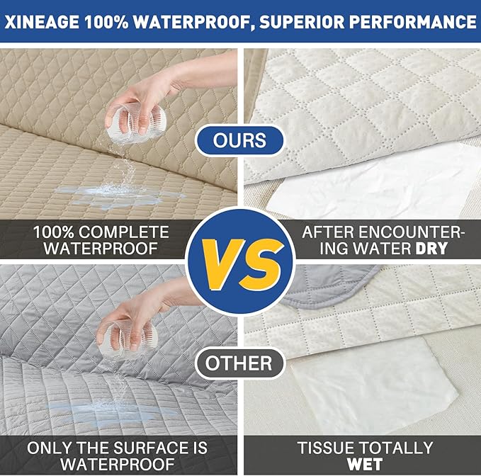 XINEAGE Quilted Chair Sofa Cover Waterproof Chair Covers for Armchair, Super Soft Washable Slipcover with Pockets & Non-Slip Elastic Straps, Thick Furniture Protector (Chair, Khaki)