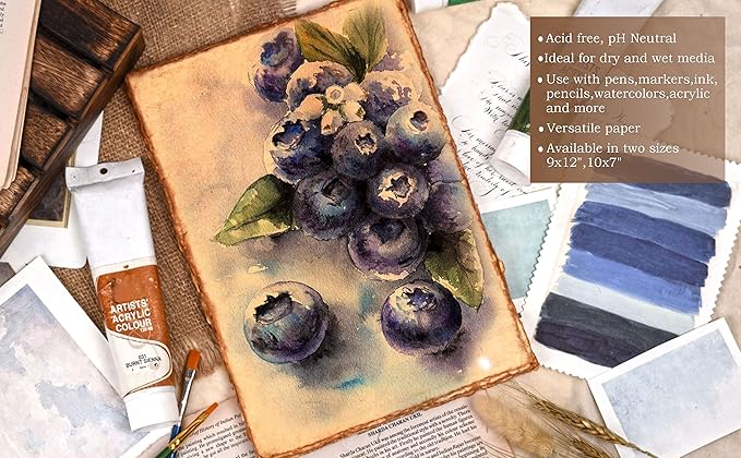 LEATHER VILLAGE Watercolor Paper - 12 X 16 inches, 50 Sheets - Mixed Media Watercolor Paper - 150 GSM Thick Deckle Edge Virgin Cotton Handmade Paper - Vintage Toned