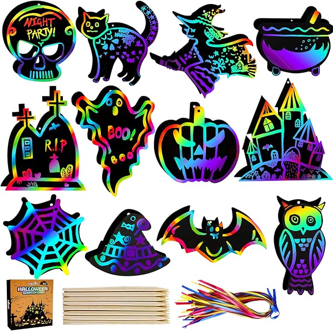 Max Fun Halloween Crafts Scratch Off Art Paper Cards 48Pack, Magic Rainbow Ornaments Hanging Supplies Educational Toys Kit Halloween Party Games Favor