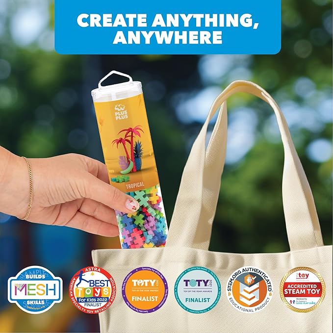 PLUS PLUS 240 Piece Interlocking Building Blocks for Kids, Open Ended Connecting Toys, STEM Bin Classroom Mini Manipulatives - Tropical Mix Play Tube