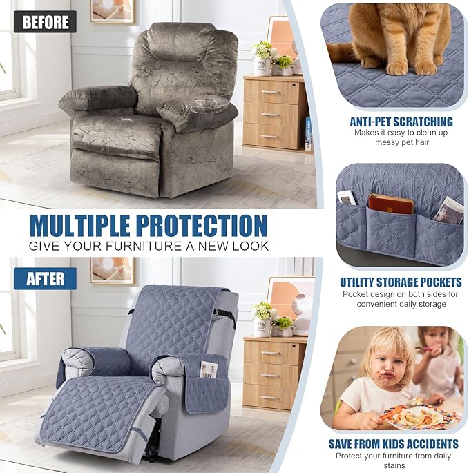 TAOCOCO 100% Waterproof Recliner Covers, Recliner Sofa Covers with Leg Straps, Reversible Recliner Couch Cover for Reclining Chair, Washable Couch Protector for Pets Kids(1 Seater 22", Bluish Gray)