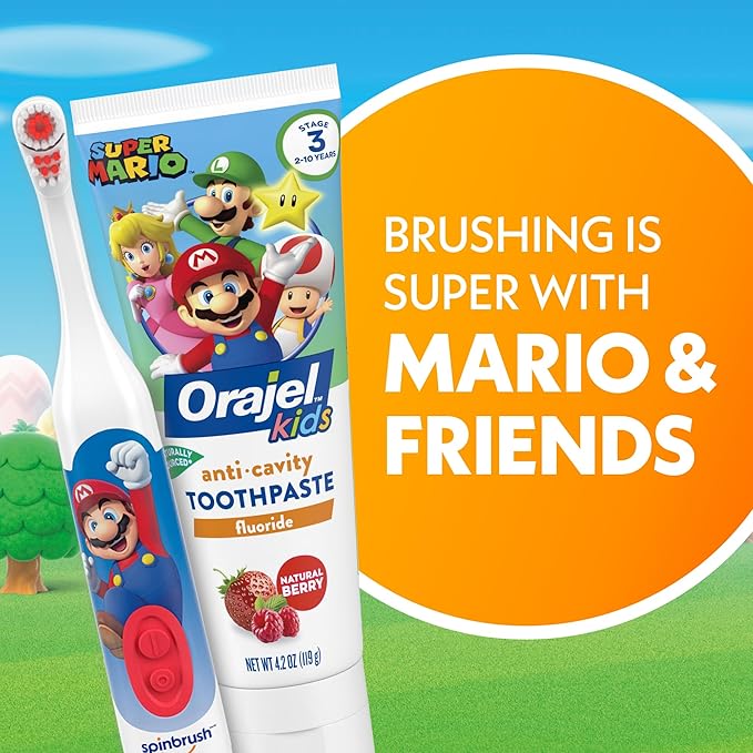 Spinbrush Super Mario Kid’s Electric Battery Toothbrush, Soft, 1 ct, Character May Vary