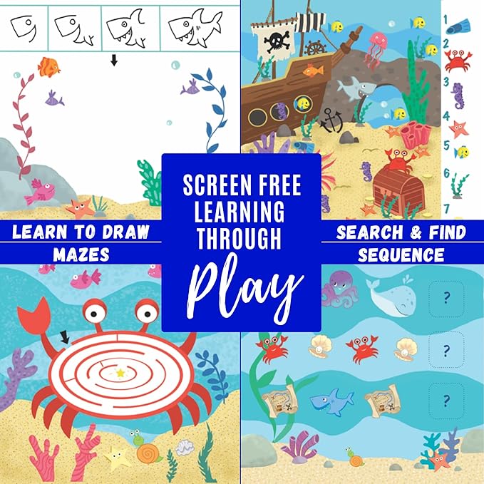 Kids Small Size Travel Educational Activity Book with Washable Markers (7"x7") - Car and Airplane Activities, Learning Toys for Toddlers - Search and Find, Reusable Stickers for Ages 4, 5, 6 (Ocean)