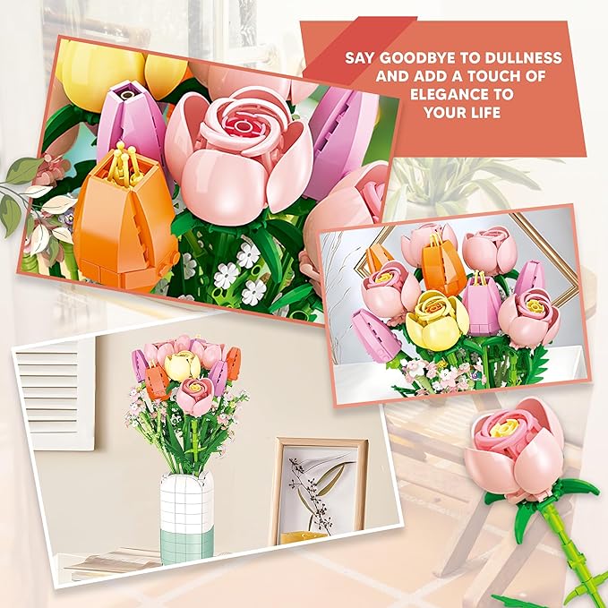 Flowers Bouquet Building Set Tulips Camellia with Vase for Adult -1011pcs Compatible with Lego