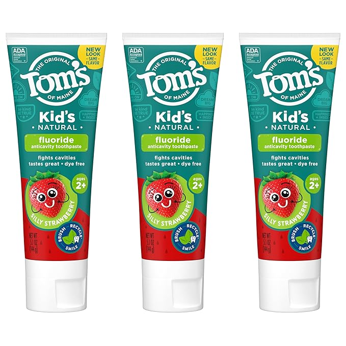 Tom's of Maine ADA Approved Fluoride Children's Toothpaste, Natural Toothpaste, Dye Free, No Artificial Preservatives, Silly Strawberry, 5.1 oz. 3-Pack (Packaging May Vary)