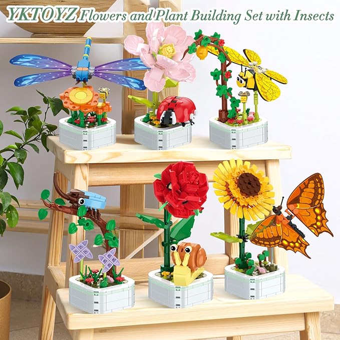 Flowers and Plant Building Set with Insects, (1214PCS) 6 Flowers Botanical Bonsai Building Set for Adults, Kids, Idea Gifts for Mother's Day, Birthdays, Creative Building Block Toys Decor for Home