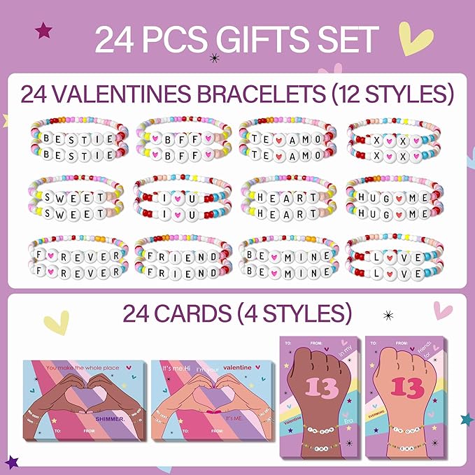 Valentines Day Cards for Kids School - 28 Pack Kids Taylor Friendship Valentines Cards, Valentines Bracelets, Valentines Day Gifts for Girls, School Classroom Valentines Day Exchange Gift