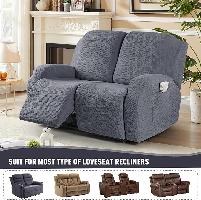KinCam Recliner Covers, Stretch Reclining Chair Covers, Recliner Sofa Slipcovers Stripe Jacquard Recliner Couch Covers Furniture Protector Covers for Pet Kid (2XL Seater, Dark Gray)