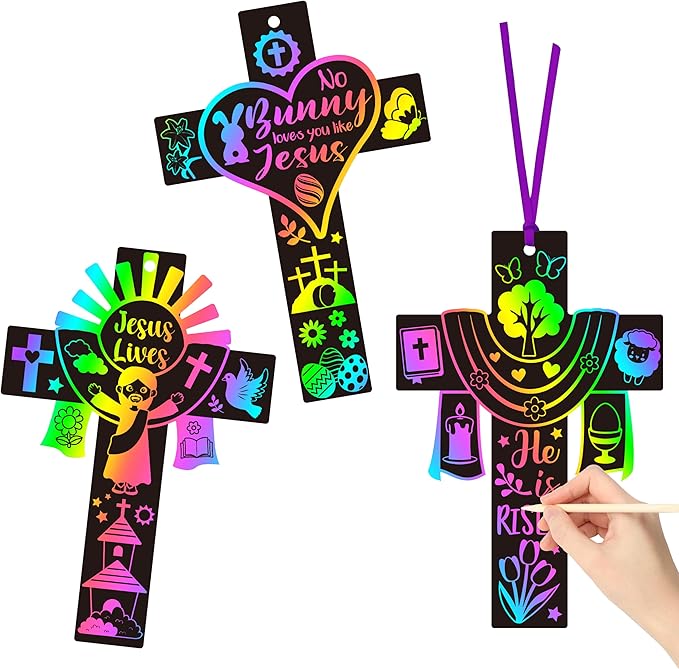 WATINC 60pcs Cross Scratch Cards, Resurrection Cross Magic Scratch Paper DIY Art Ornaments, Color Crafts Kit for Kids, Christian Religious Easter Sunday School Classroom Supplies Decorations