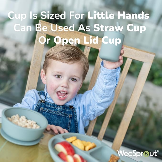 WeeSprout Baby Led Weaning Bundle, Silicone Suction Bowl, Spoons, Bib & Cup, Develops Self Feeding Skills, Dishwasher Safe (Purple)