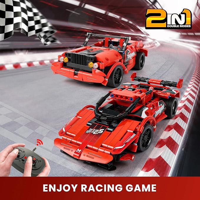 RC Toy Best Birthday Gifts for Age 6 7 8 9 10 11 12 Years Old Kids Boys Girls 2 in 1 Remote Control Racing Car Building Blocks 351 Pcs DIY Building Kits Engineering Construction Toy