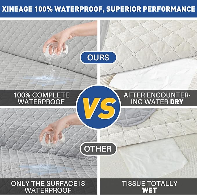 XINEAGE Quilted Sofa Cover Waterproof Couch Covers for 3 Cushion Couch, Super Soft Washable Slipcover with Pockets & Non-Slip Elastic Straps, Thick Furniture Protector (Sofa, Light Grey)