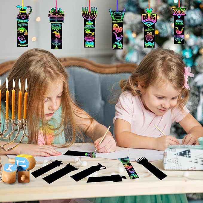 AUGSUN 96Pcs Hanukkah Crafts for Kids, Chanukah Magic Rainbow Scratch Art Bookmarks Hanukkah Gifts for Kids Home Classroom Activities Hanukkah Decorations Party Favors Games Hanging Ornaments