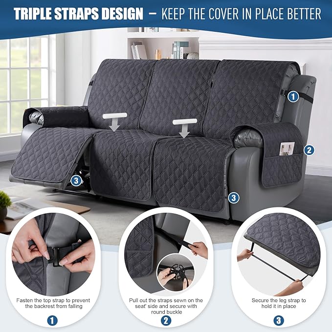 TAOCOCO 100% Waterproof Recliner Covers, Recliner Sofa Covers with Leg Straps, Reversible Recliner Couch Cover for Reclining Chair, Washable Couch Protector for Pets Kids(3 Seater, Charcoal Gray)