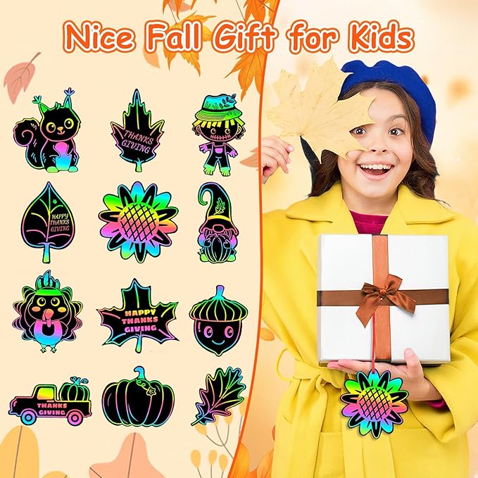 JULMELON 36Pcs Thanksgiving Arts and Crafts for Kids, Fall Leaves Pumpkin Turkey Magic Rainbow Scratch Paper Art for Kids School Classroom Activity Autumn Harvest Thanksgiving Party Favors Gifts