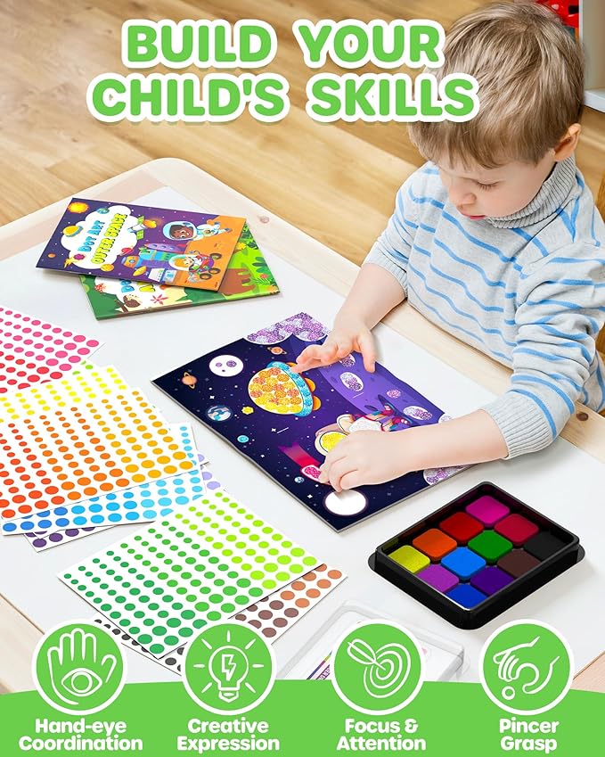 D-FantiX Dot Art Sticker Activity Book with Ink Pad, Mess-Free Finger Painting for Toddlers, Dinosaur, Animal, Outer Space, Vehicle Arts and Crafts, Kids Travel Activities, Boys Easter Basket Stuffers