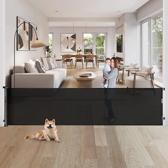 80 Inch Extra Long Retractable Baby Gates Extra Wide Baby Gates for Large Openings Indoor Retractable Dog Gate for The House Extra Wide Dog Gate Outdoor Mesh Pet Gates Child Gate for Kids (Black)