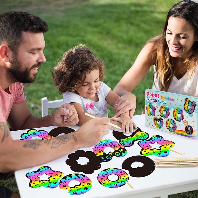 CY2SIDE Donut Craft Scratch Cards - 60PCS Doughnut Ornament Scratch Crafts Card Gift Set for Kids Sweet Candy Magic Art Rainbow Color Craft Scratch Kit for Kids Birthday Party Favors School Activity