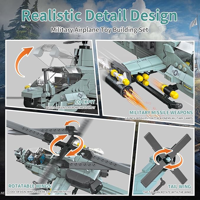597 Pcs AH-1Z Viper Helicopter Building Set,STEM Military Army Airplane Building kit,Plane Model Collectible Home Decor,Air Force Building Block Toys,Military Toy Gifts for Kids Teens Adults