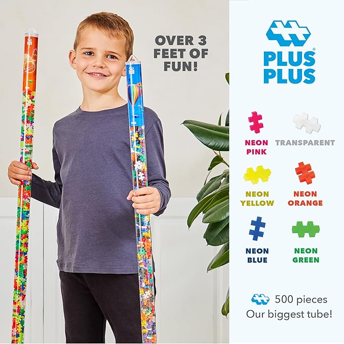 Plus Plus 500 Piece Interlocking Building Block 3D Puzzle Kit, Kids Stem Connecting Toys - Neon Color Mix
