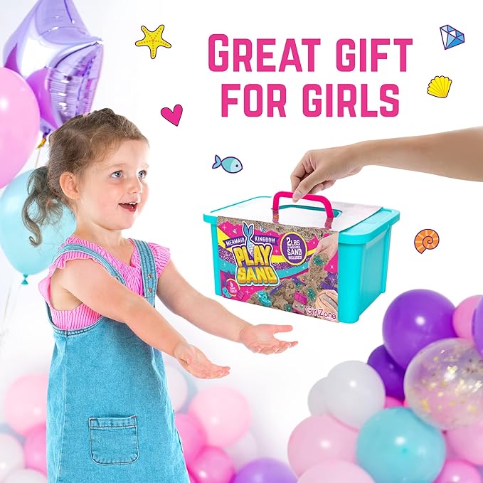 GirlZone Mermaid Sensory Sand Kit, 2lbs Moldable Play Sand for Kids Aged 3+, Magic Sand with Gems, Tools & Portable Treasure Chest, Kids Toys for Playdates, Party Games & Gifting