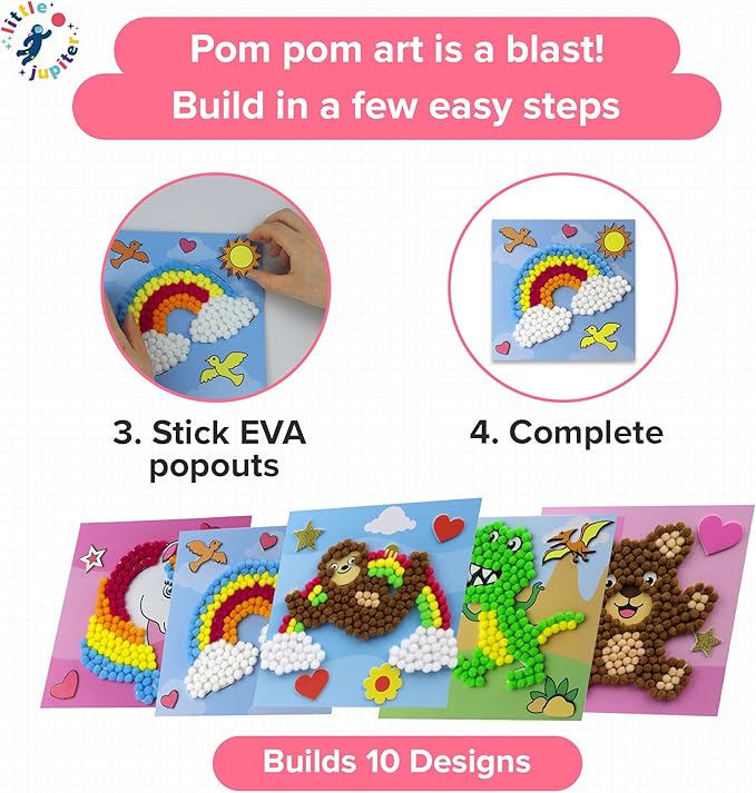 Little Jupiter DIY Pom Pom Art - Makes 10 Art Pieces -Boy & Girl Crafts for Kids Age 3-5 - Toddler Crafts Ages 3-5 - Kids Crafts 3-5 - Activities for Kids Ages 3-5 - Arts and Crafts for Kids (Set3)
