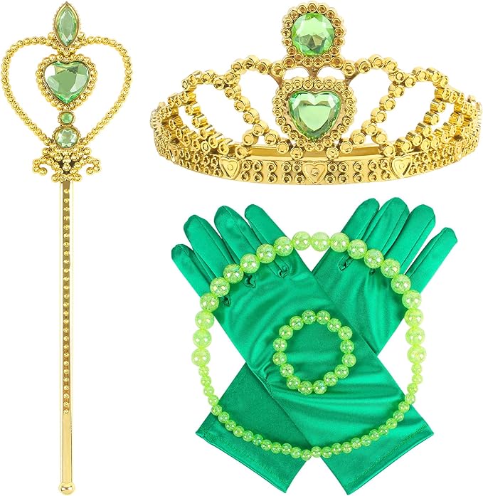 Princess Dress Up Accessories Gold Crown and Wand Set with Girls Jewelry Necklace Gloves Bracelet Princess Costume Accessories Set for Little Girls Party Birthday and Halloween(Green,Set of 5)