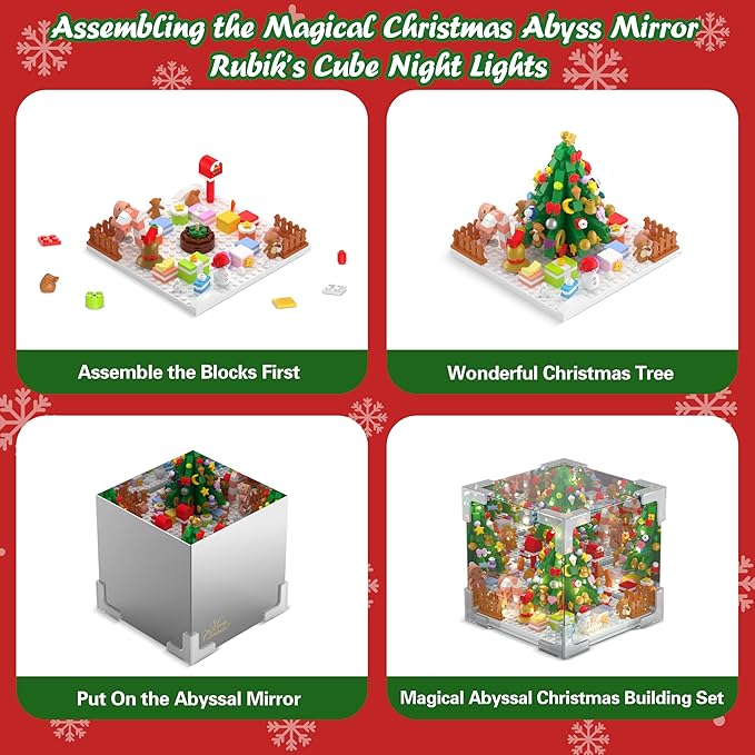 Wowok Christmas Tree Building Blocks Set, LED Infinity Mirror Cube, DIY Night Light Building Toy, Christmas Home Decoration Table Lamp Lovely Xmas Gift for Kids Adults Holiday Family Friends