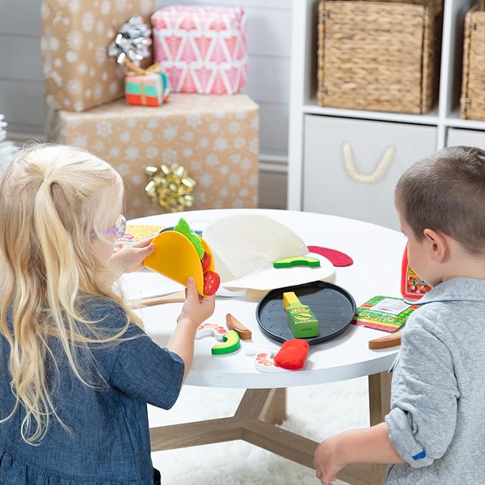 Melissa & Doug Fill & Fold Taco & Tortilla Set, 43 Pieces – Sliceable Wooden Mexican Play Food, Skillet, and More Taco Play Food Set, Pretend Kitchen Toy For Kids Ages 3+ - FSC-Certified