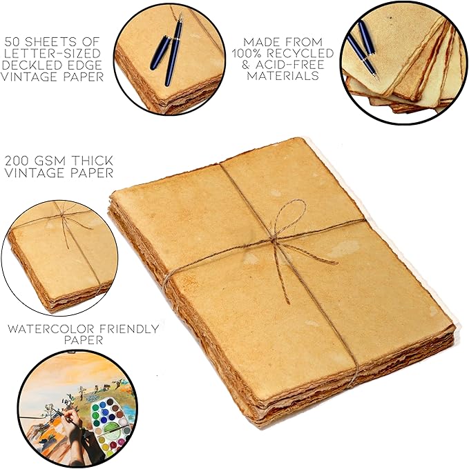 50 Pack Cotton Watercolor Paper with Deckle Edge 200 GSM Rough Textured Watercolor Paper for Writing