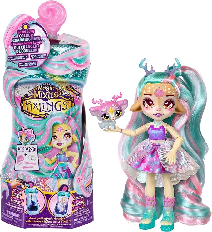 Magic Mixies Pixlings Deluxe Pack, Deerlee The Deer, Shimmer Reveal, Create & Mix Potion That Magically Reveals 6.5" Pixling Doll Inside Potion Bottle - Exclusive Mini Mixies & 6 Hair Accessories