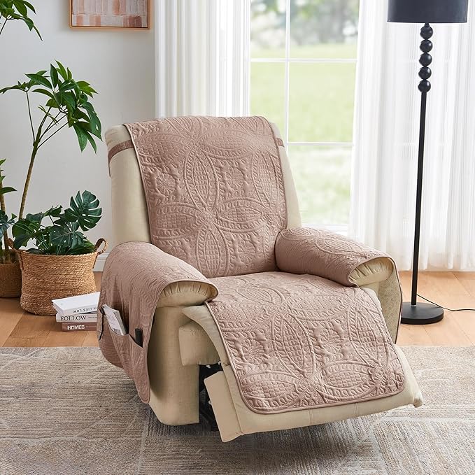 Pink Quilted Recliner Chair Covers, Water-Repellent Recliner Slipcovers, Recliner Covers Stay in Place, Pet Friendly Recliner Cover for Dogs, Washable Couch Protector (Recliner 22", Pink)