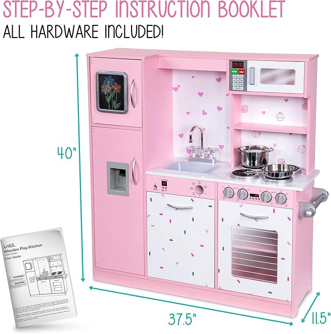 Lil' Jumbl Kids Kitchen Set, Pretend Wooden Play Kitchen, Battery Operated Icemaker & Microwave with Realistic Sound, Pots & Pan Included - Pink