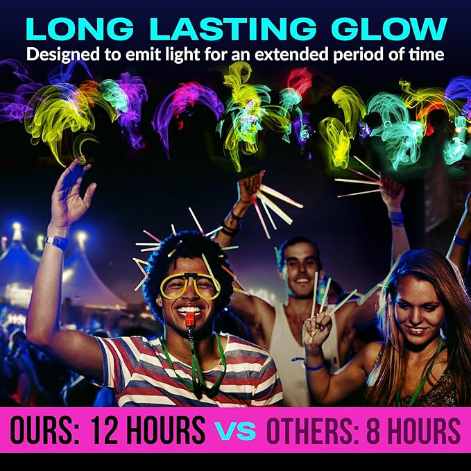 Glow Sticks 200 Bulk Pack - 100 Pcs Per Pack - 12 Hour Glow Stick - 8" Necklace Bracelet and Glasses Party Favors - Thanksgiving and Christmas Party - Outdoor Concerts - Festivals - Nighttime Sport
