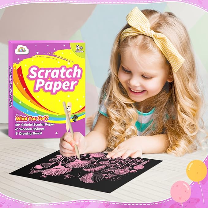ZMLM Scratch Art Paper Kit: 50pcs Magic Scratch Papers Craft Set 5 Bright Color Drawing Bulk Supplies for Age 3 4 5 6 7 8 Year Old Boy Girl Kid Toy Gift for Birthday Christmas Halloween