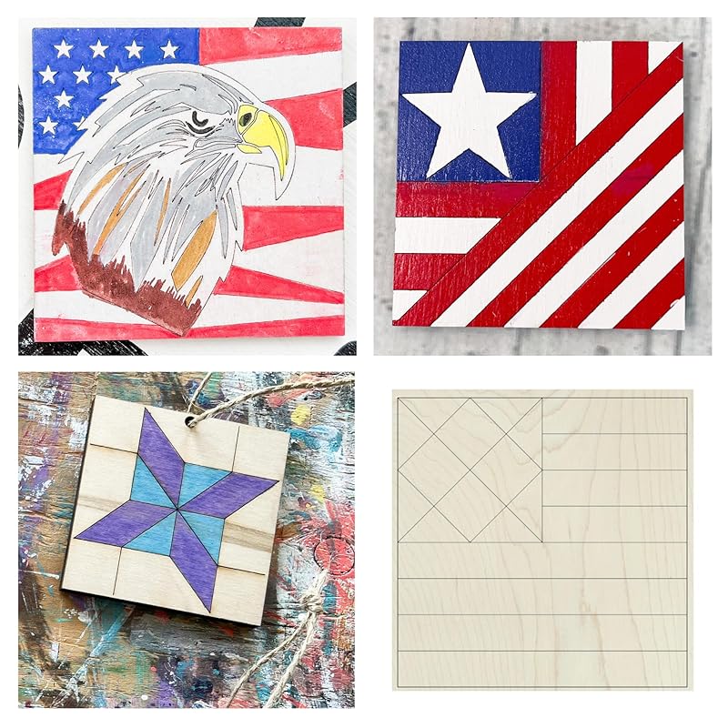 Patriotic Wooden Barn Quilt Kit, DIY Craft Painting Kit for Adults, America Barn Quilts Sign Block (9 inches (set of 4), Flag, Eagle, Hourglass Flag, Friendship Star)